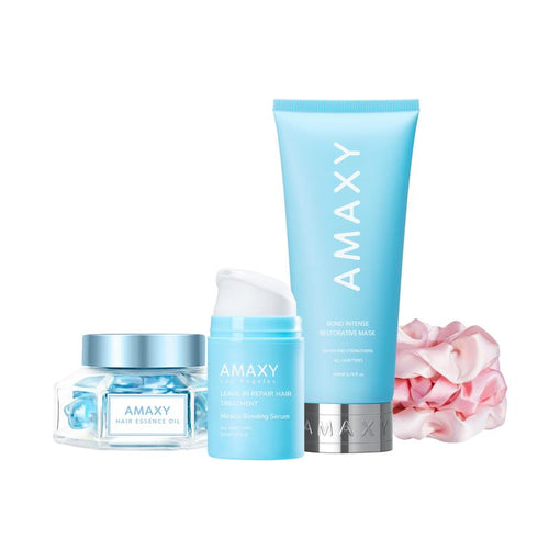 AMAXY Ultimate Healthy Hair Routine Set | 3 Options, Deep Conditioning Hair Mask,Leave-In Repair Hair Serum, Hair Vitamin Oil (3 Full Size), Free Gift 3 Pink Satin Scrunchies, Natural Hair Care Kit, for Damaged Hair, Split Ends, All Hair Types